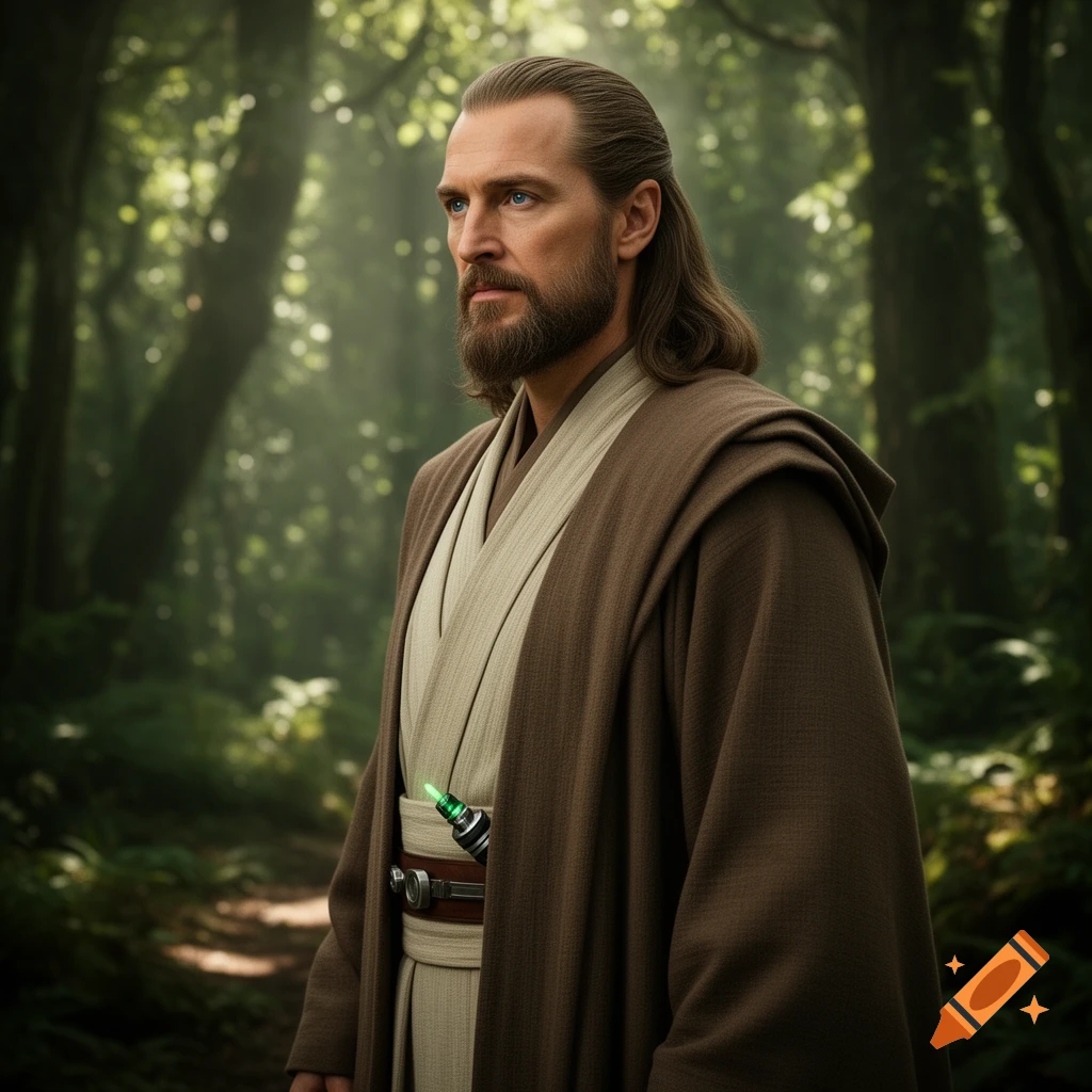 Photorealistic portrait of a man in brown Jedi robes, resembling Qui-Gon Jinn, with long hair and beard, standing in a sunny forest.