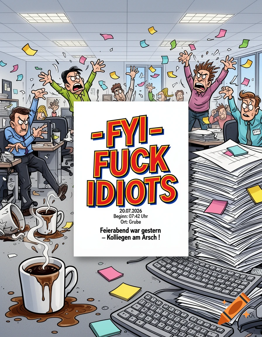 A colorful comic art illustration of a chaotic office scene with stressed, exaggerated cartoon workers. Spilled coffee, papers, and keyboards clutter the desks. A prominent flyer reads "FYI - FUCK IDIOTS" along with event details.