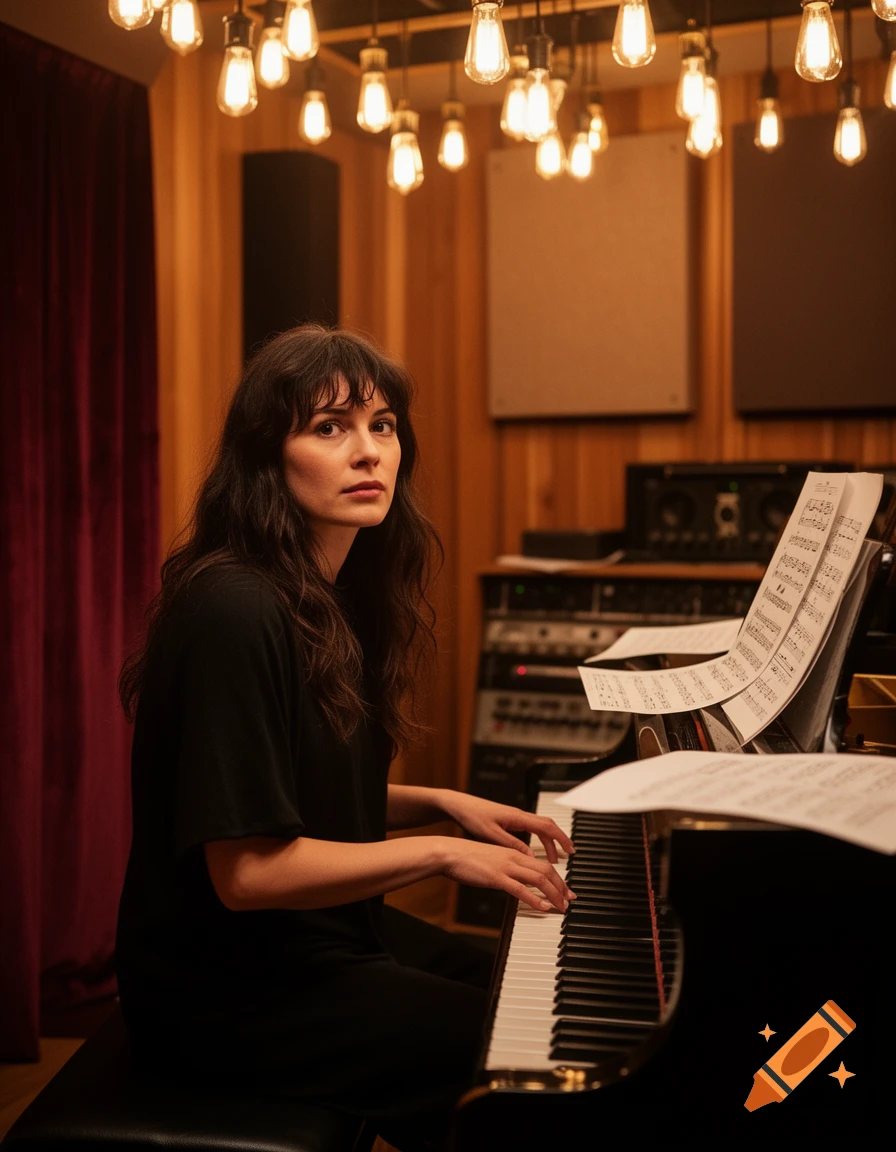 A woman with dark hair sits at a piano, looking toward the viewer in a music studio lit by many hanging bulbs.