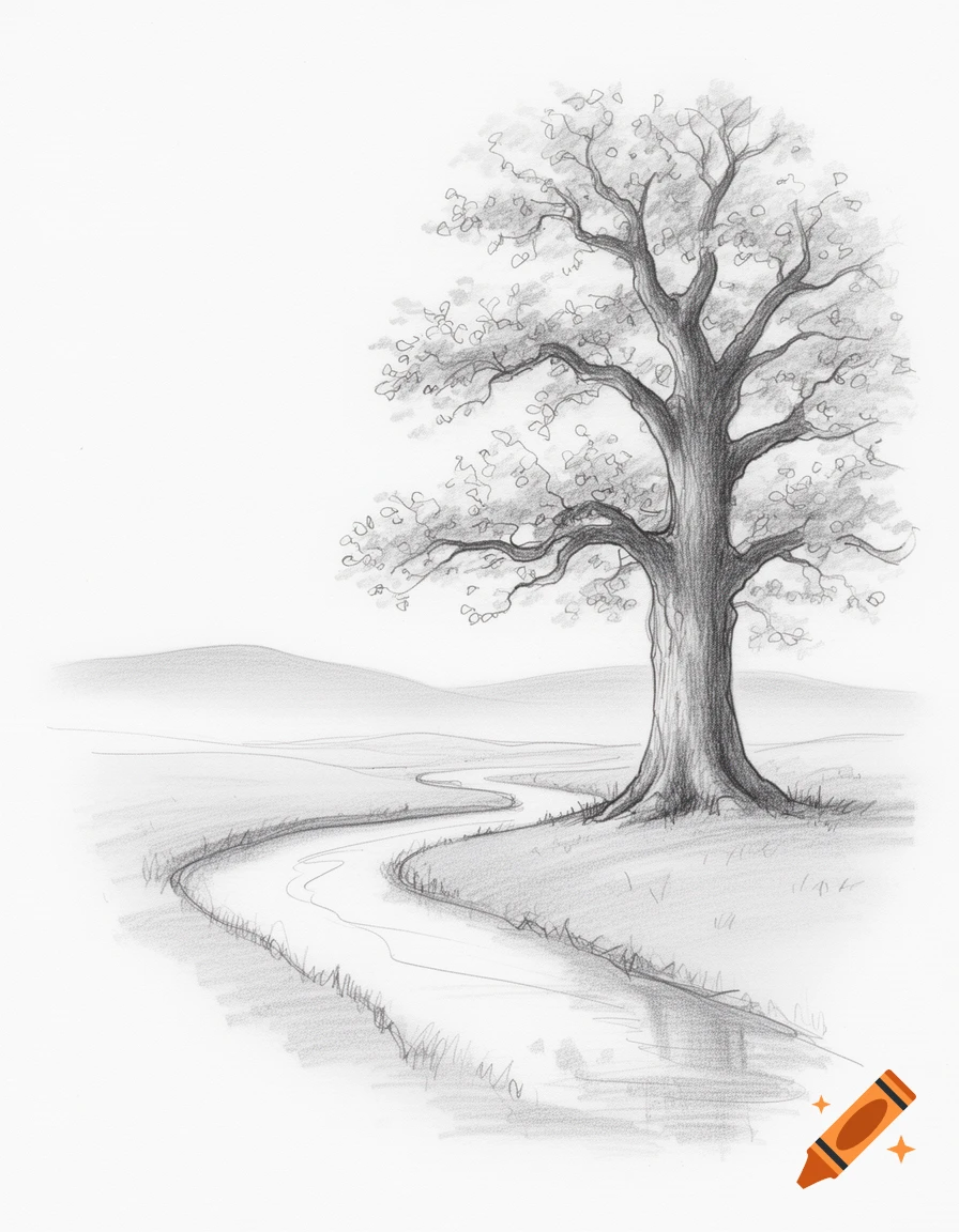 Pencil sketch of a large tree beside a winding path through a field with distant hills.