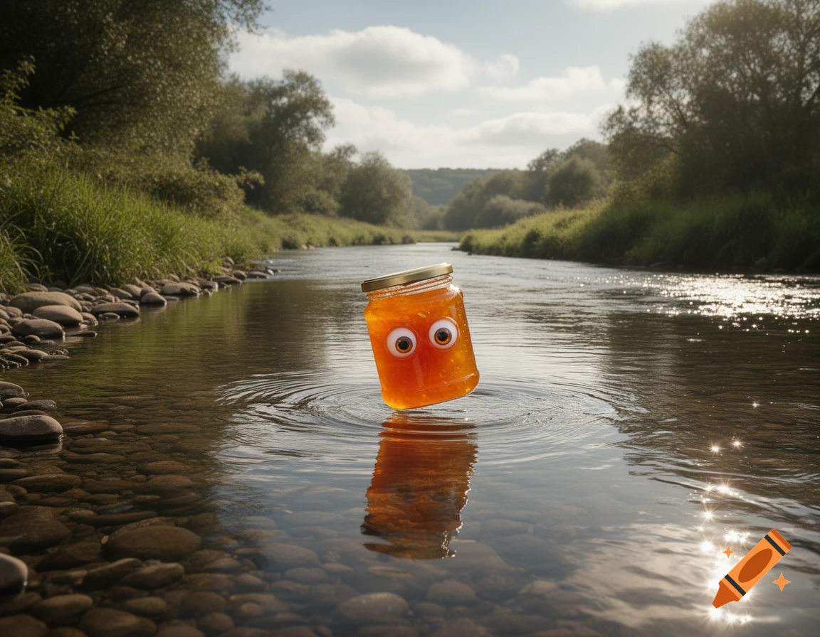 A photorealistic image of a jar of marmalade with googly eyes floating in a clear river, surrounded by green trees.