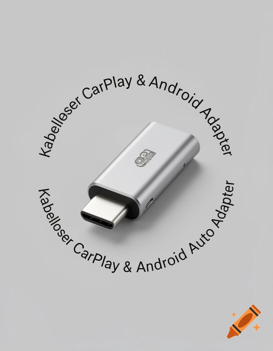 A silver USB-C wireless adapter for CarPlay and Android, displayed on a light gray background with text circling it.