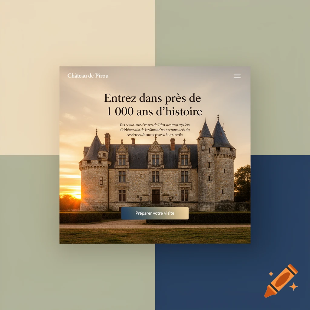 Web design mockup featuring a large photo of the Château de Pirou at sunset with text "Entrez dans pr ès de 1 000 ans d'histoire" and a "Préparer votre visite" button.