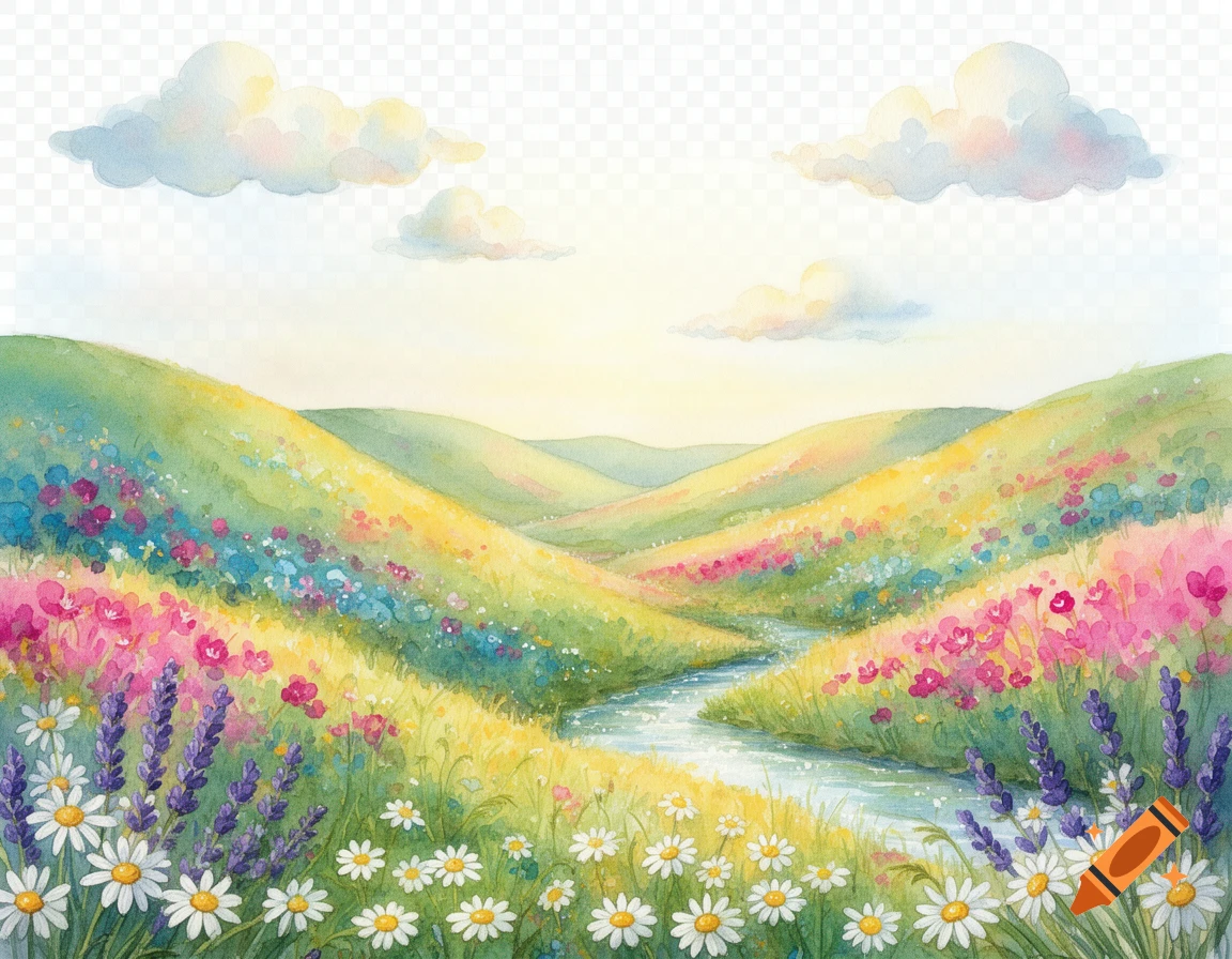 A colorful, lush summer valley landscape in storybook watercolor with a winding river, hills covered in wildflowers, and soft clouds.