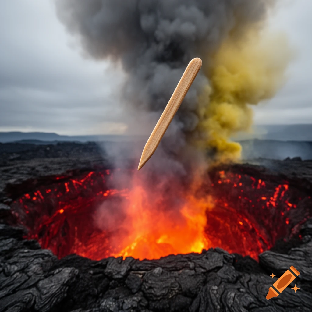 A wooden toothpick floats above a fiery volcanic crater spewing dark and yellow smoke into a cloudy sky.