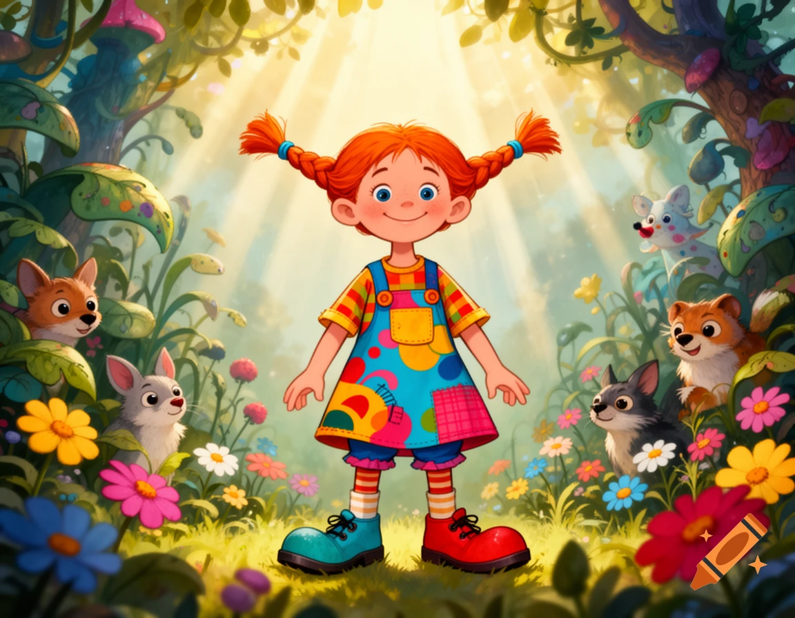 A cheerful, red-haired cartoon girl with pigtails in a colorful dress stands smiling in a sunny, vibrant fantasy forest surrounded by various friendly animals and flowers.