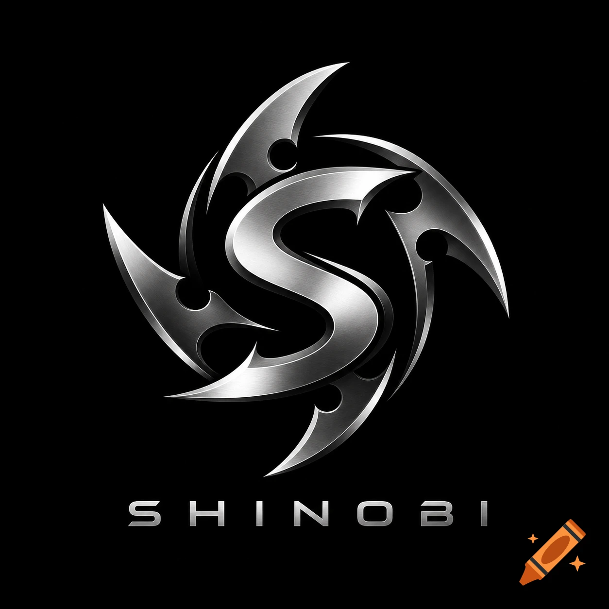 Silver metallic logo with a stylized 'S' surrounded by shuriken blades, and 'SHINOBI' text on a black background.