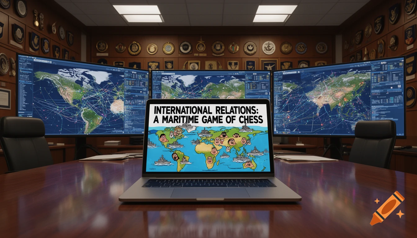 A conference room with a laptop on a table displaying a cartoon world map titled 'INTERNATIONAL RELATIONS: A MARITIME GAME OF CHESS'. Large data-rich global maps are shown on screens in the background.