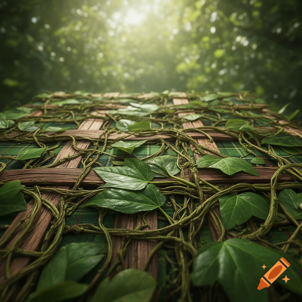 Photorealistic close-up of green ivy vines and leaves draped over wooden slats and a green plaid fabric with a blurred forest background.