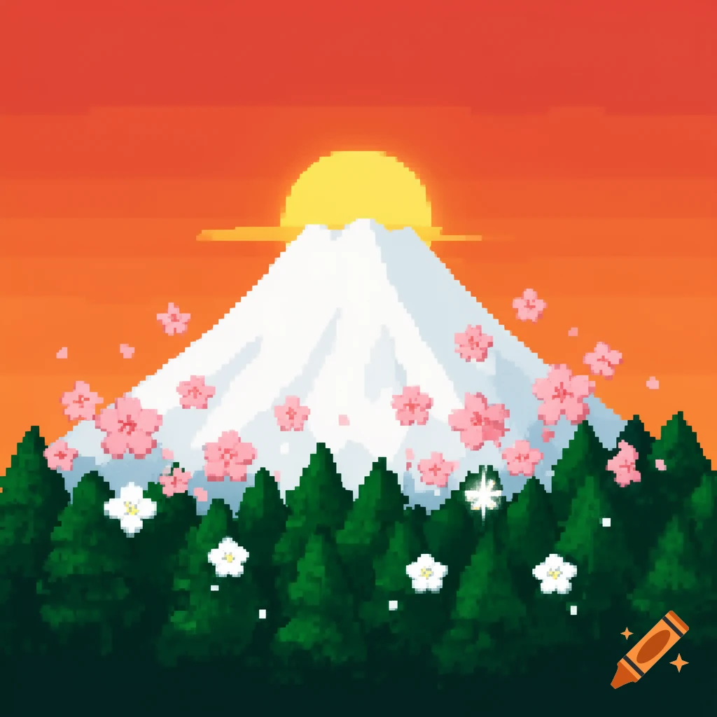 Pixel art of a snowy mountain at sunset with an orange sky, surrounded by a dark green forest, pink cherry blossoms, and white flowers.