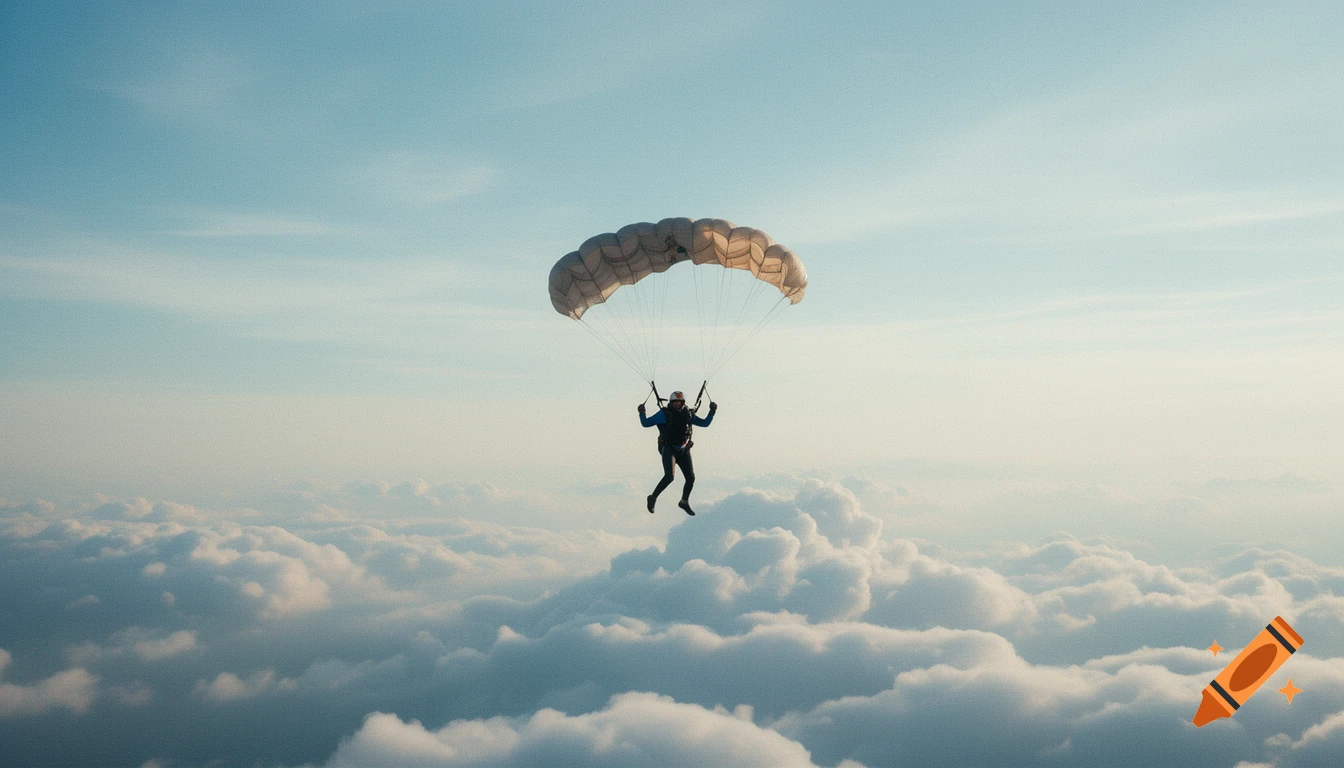 A person in a blue jumpsuit with a white parachute floats above a vast expanse of white clouds under a clear blue sky.