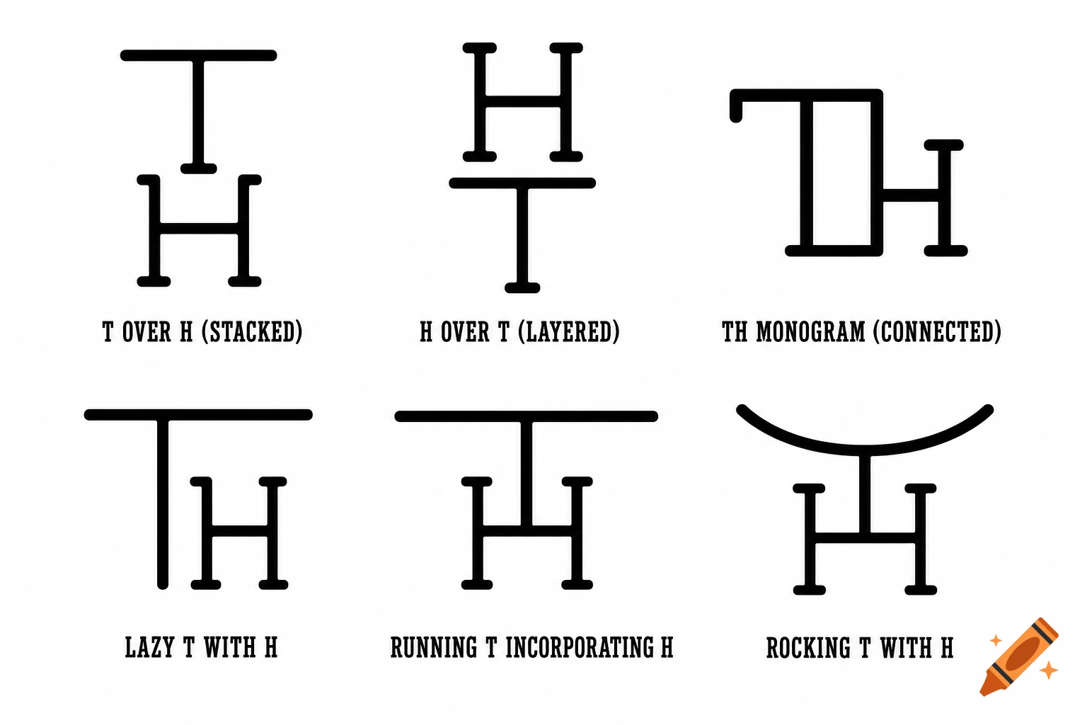 Six black ranch branding iron designs using letters T and H, each labeled with its style on a white background.