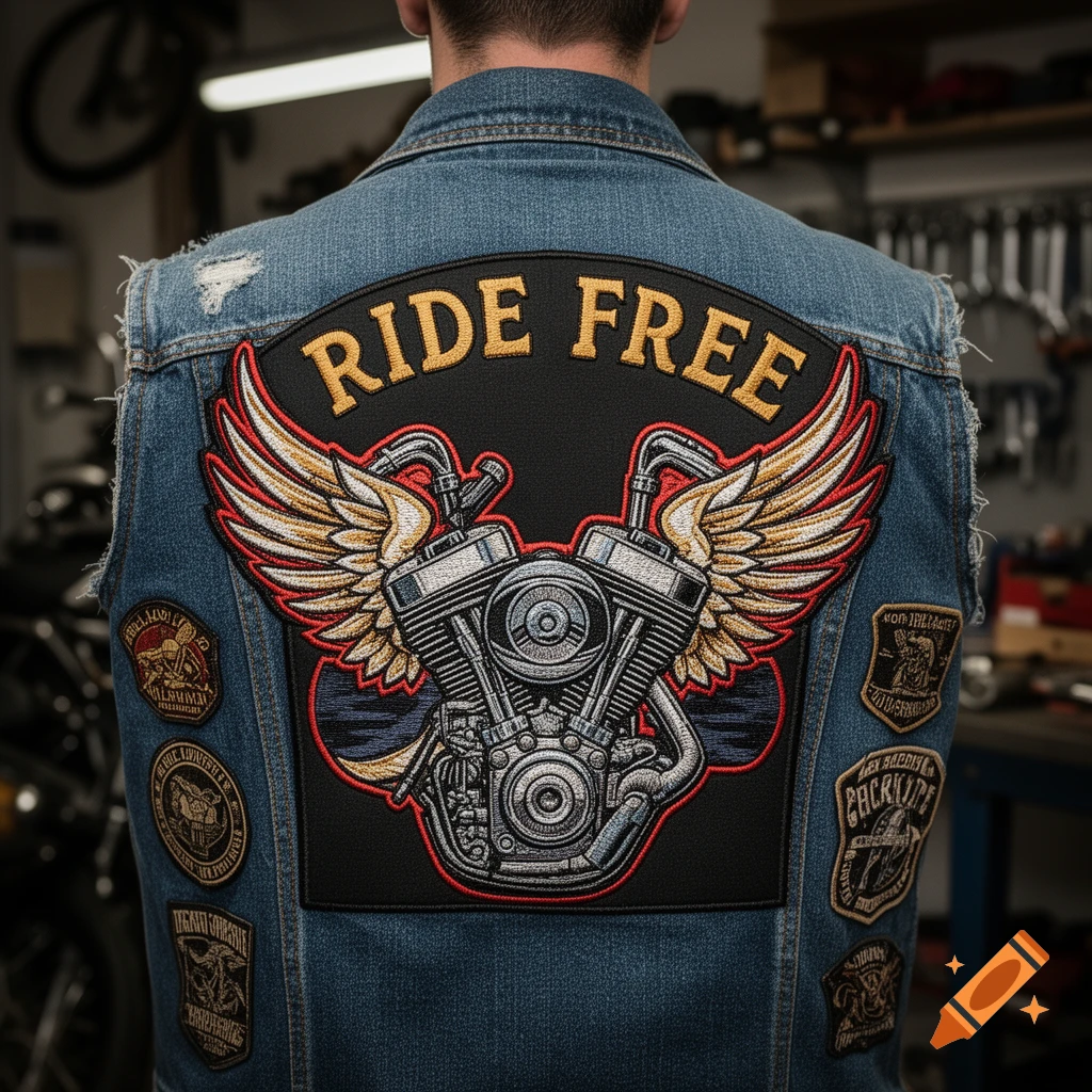 Rear view of a person wearing a denim vest with a large embroidered 'RIDE FREE' patch featuring a winged engine.