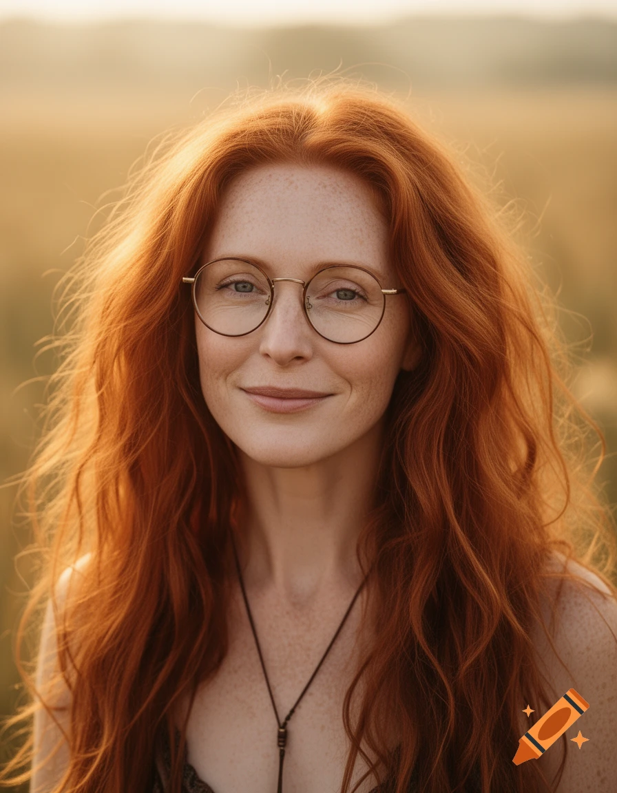 Photorealistic portrait of a smiling woman with long wild red hair and round glasses, illuminated by golden light in a field.