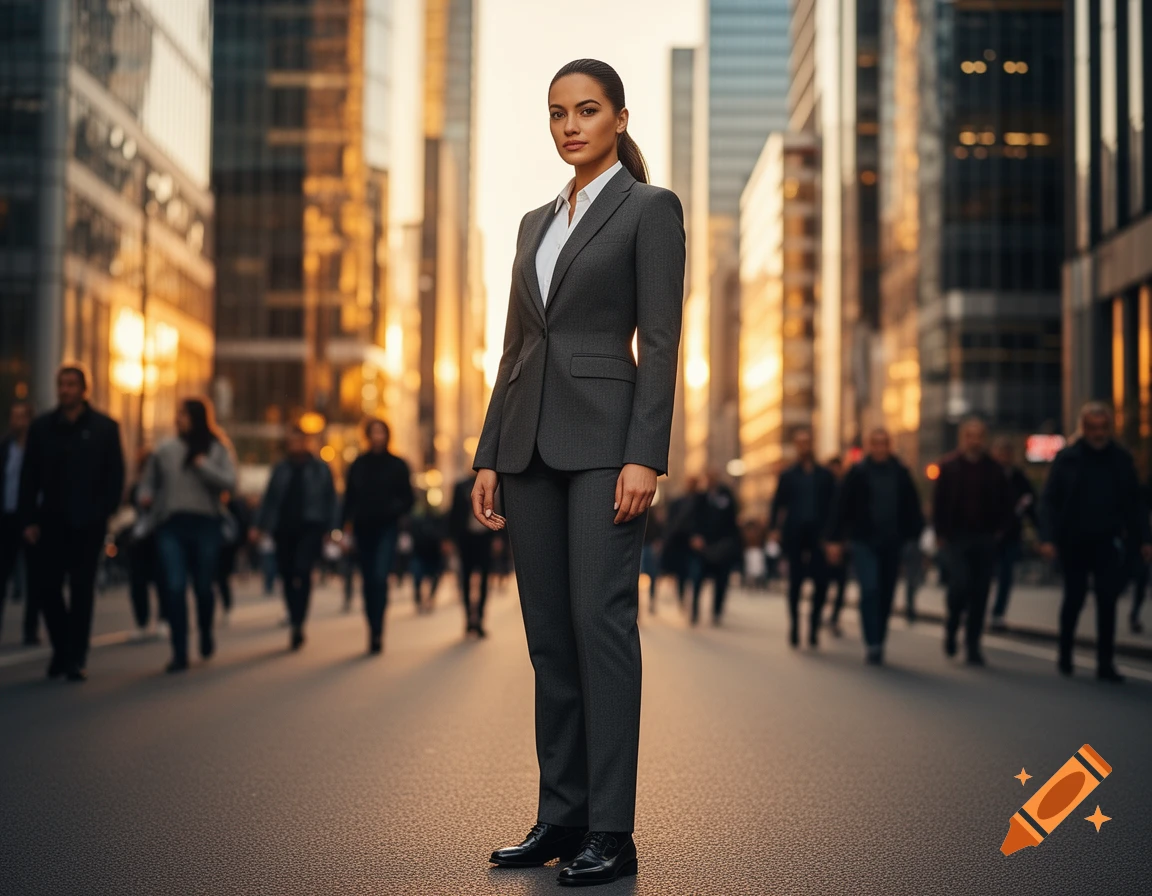 A confident professional woman in a grey suit stands in the middle of a city street with blurred people and buildings in the background.