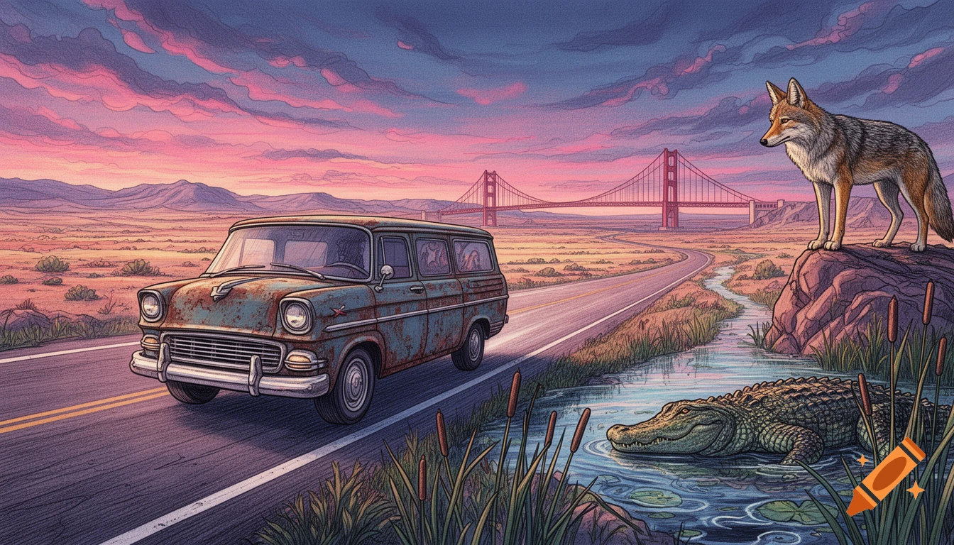 A stylized drawing of a rusty van on a road at sunset, with a coyote on a rock and an alligator in a stream, Golden Gate Bridge in the background.