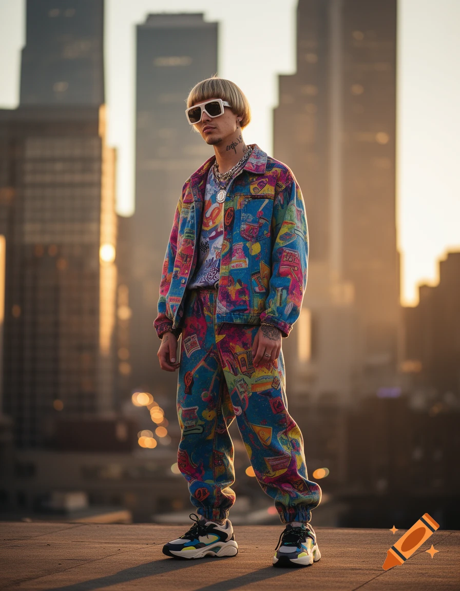 A man with a bowl cut, white sunglasses, and a colorful patterned tracksuit stands on a rooftop with a city skyline at sunset.