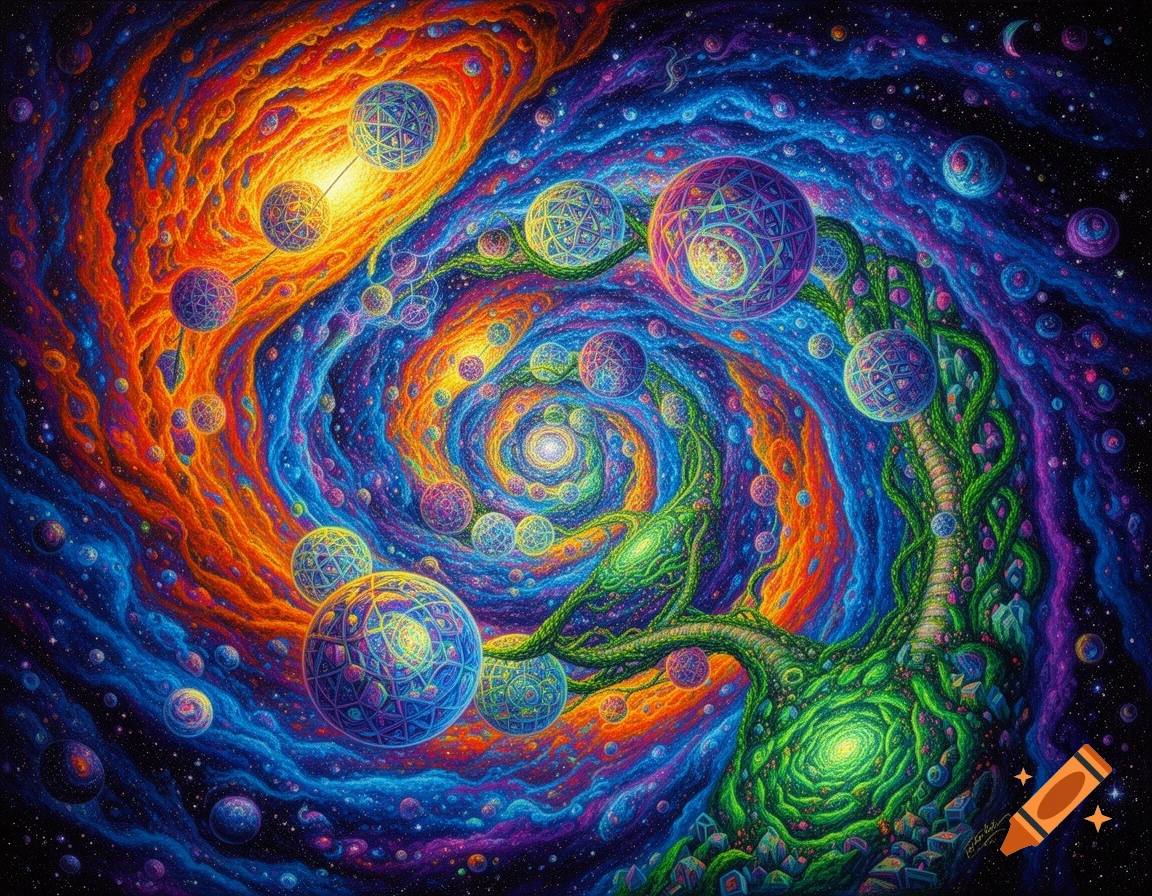 A vibrant, psychedelic cosmic landscape with swirling orange, blue, and green nebulae, a green tree, and many intricate geometric spheres.