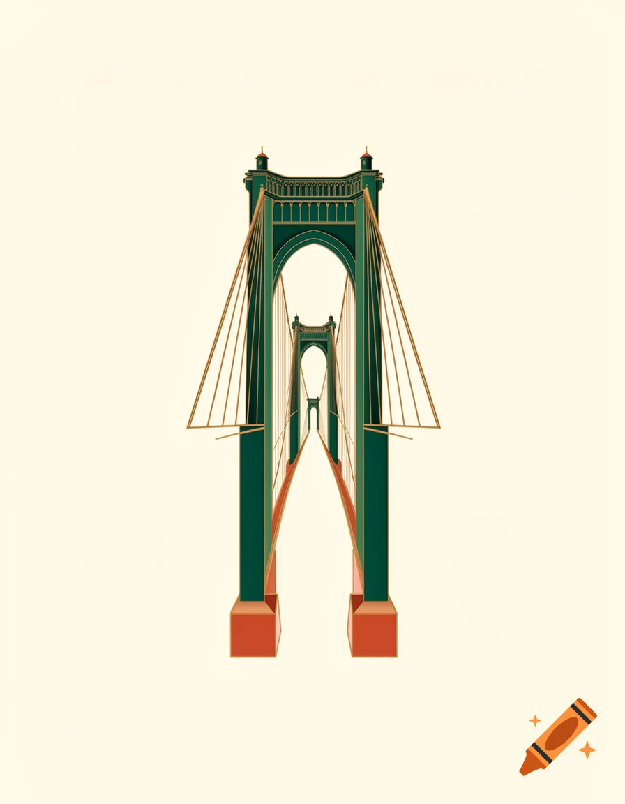 Minimalist vector art print of a bridge in emerald green, terracotta, and warm bronze gold on a cream background.