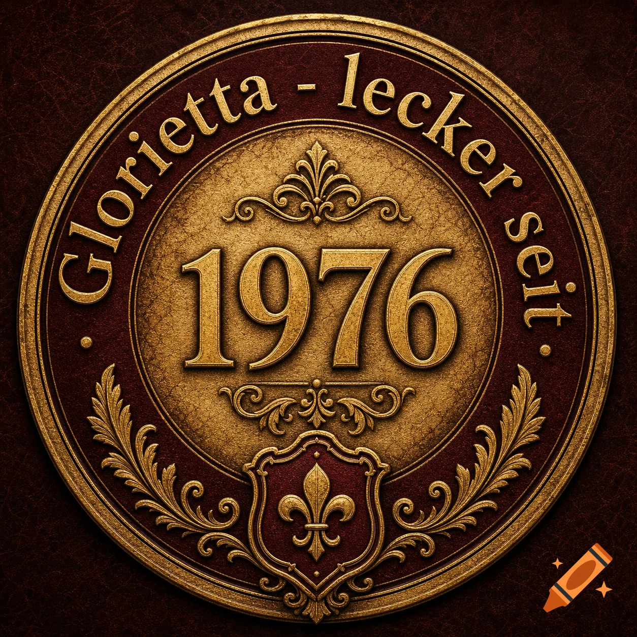 Ornate gold and maroon circular emblem with 'Glorietta - lecker seit.' and '1976', featuring a fleur-de-lis shield.