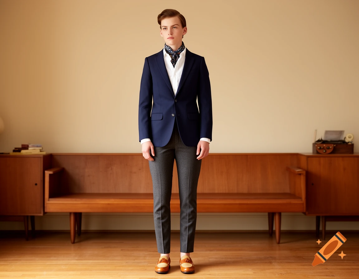 A young man in a navy blazer, white shirt, patterned ascot, and grey trousers stands in a mid-century modern room with wood furniture.
