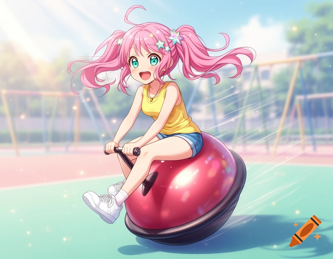 Anime girl with pink pigtails bouncing happily on a red space hopper in a sunny playground.