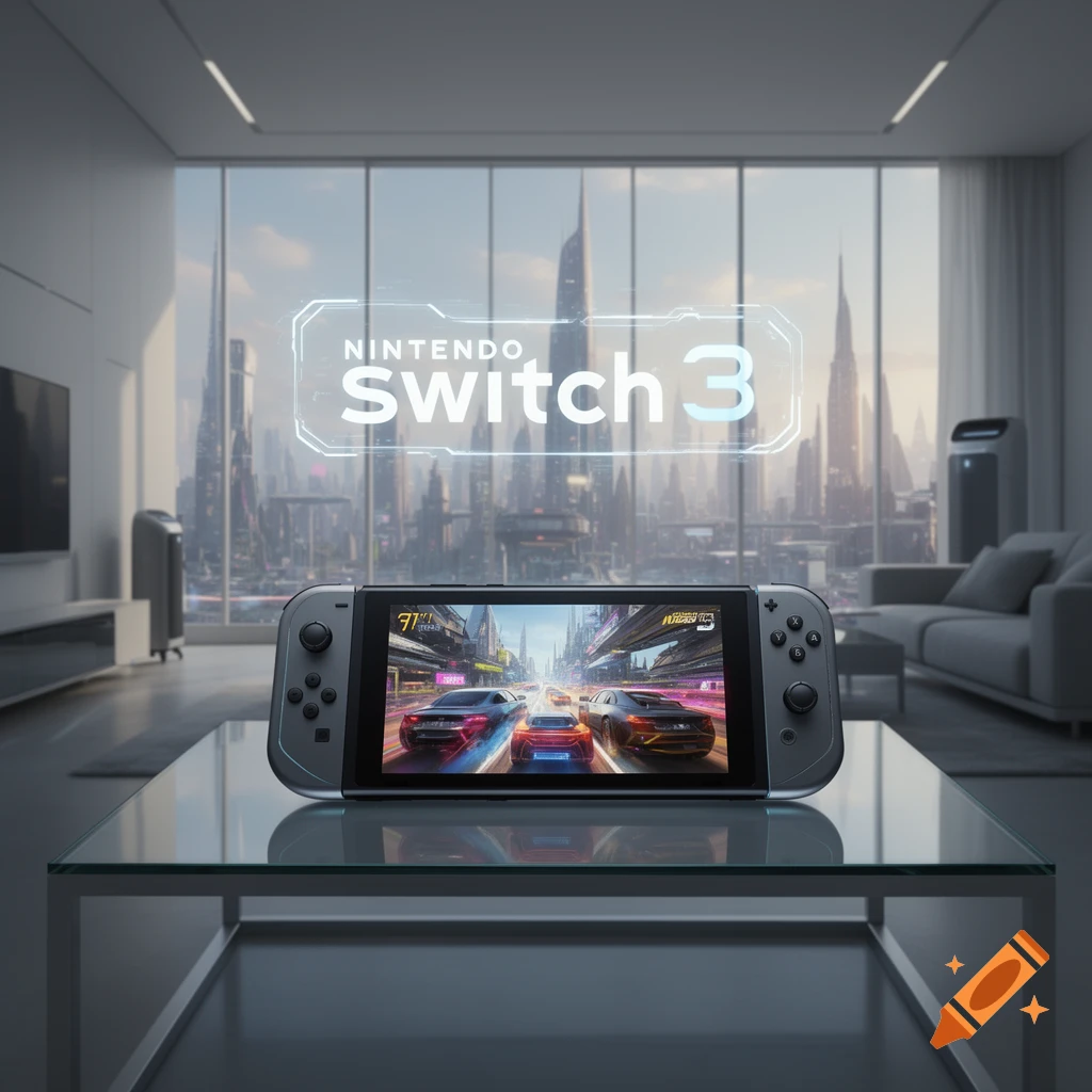 Nintendo Switch console displaying a racing game on a glass table, with "Nintendo Switch 3" text floating in a modern room overlooking a futuristic city.