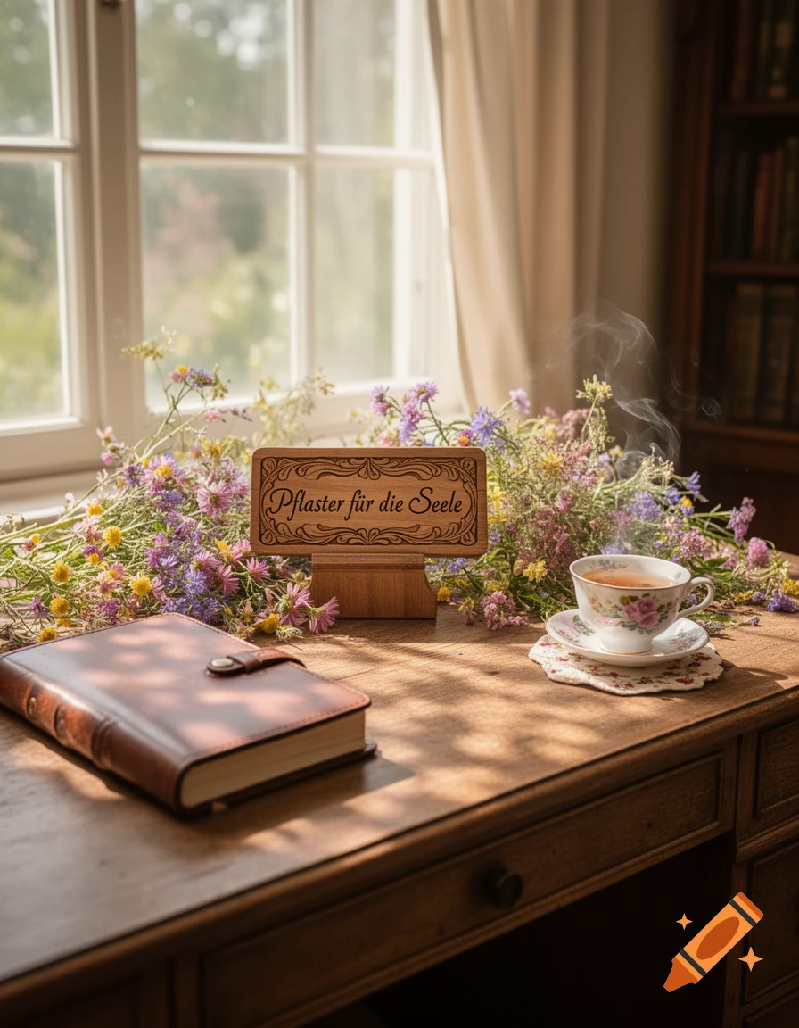 A photorealistic image of a cozy desk with a brown leather book, a teacup, wildflowers, and a wooden sign saying 'Pflaster für die Seele' by a sunlit window.