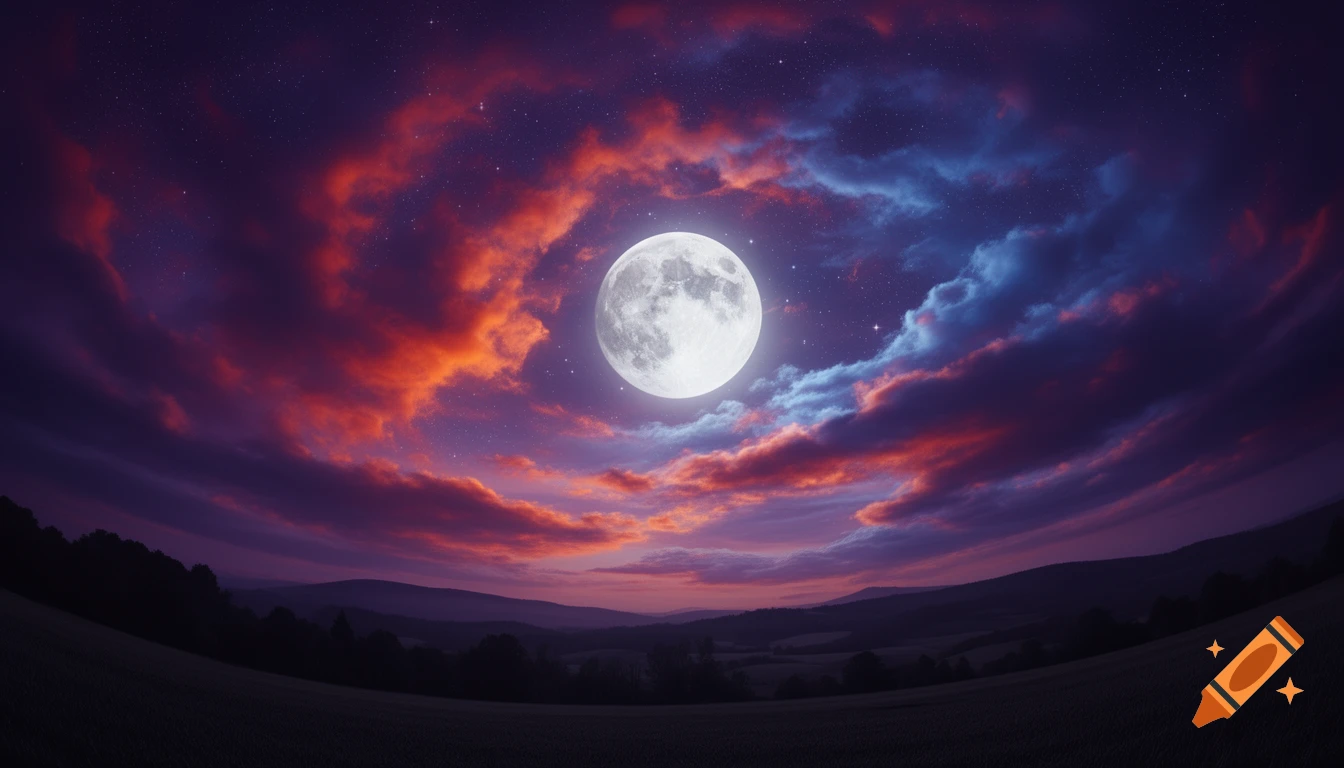 A vibrant night sky with a large full moon, colorful purple, red, orange, and blue clouds over a dark landscape.
