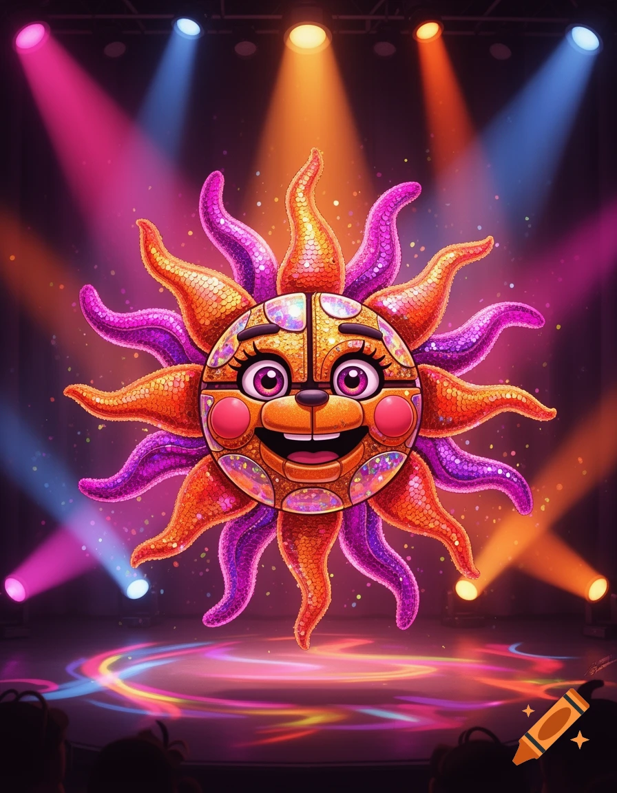 A cute, sparkly Glamrock animatronic sun with a friendly face on a stage bathed in colorful spotlights.