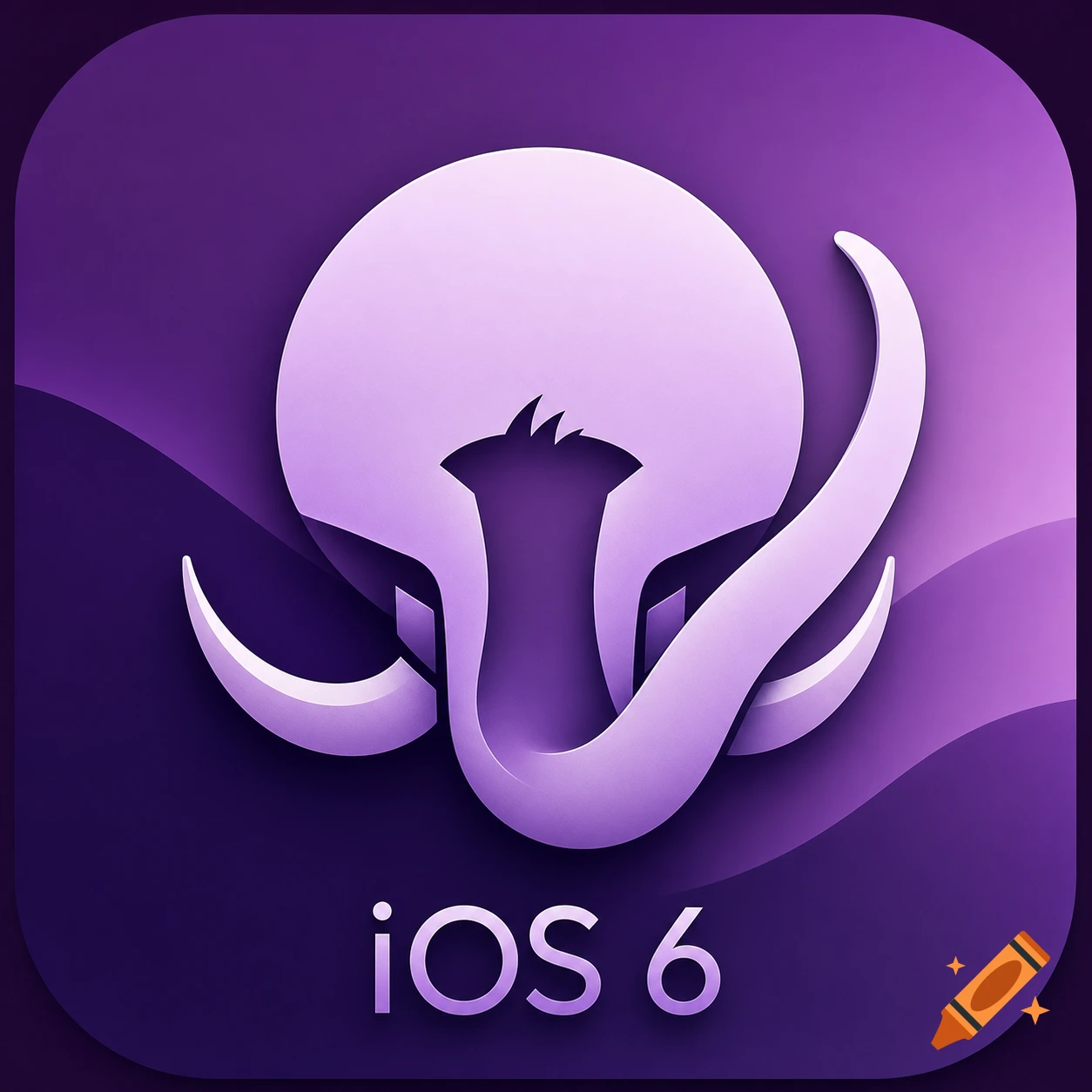 A purple rounded square app icon features a stylized light purple mastodon head, trunk, and tusks, with "iOS 6" text below.