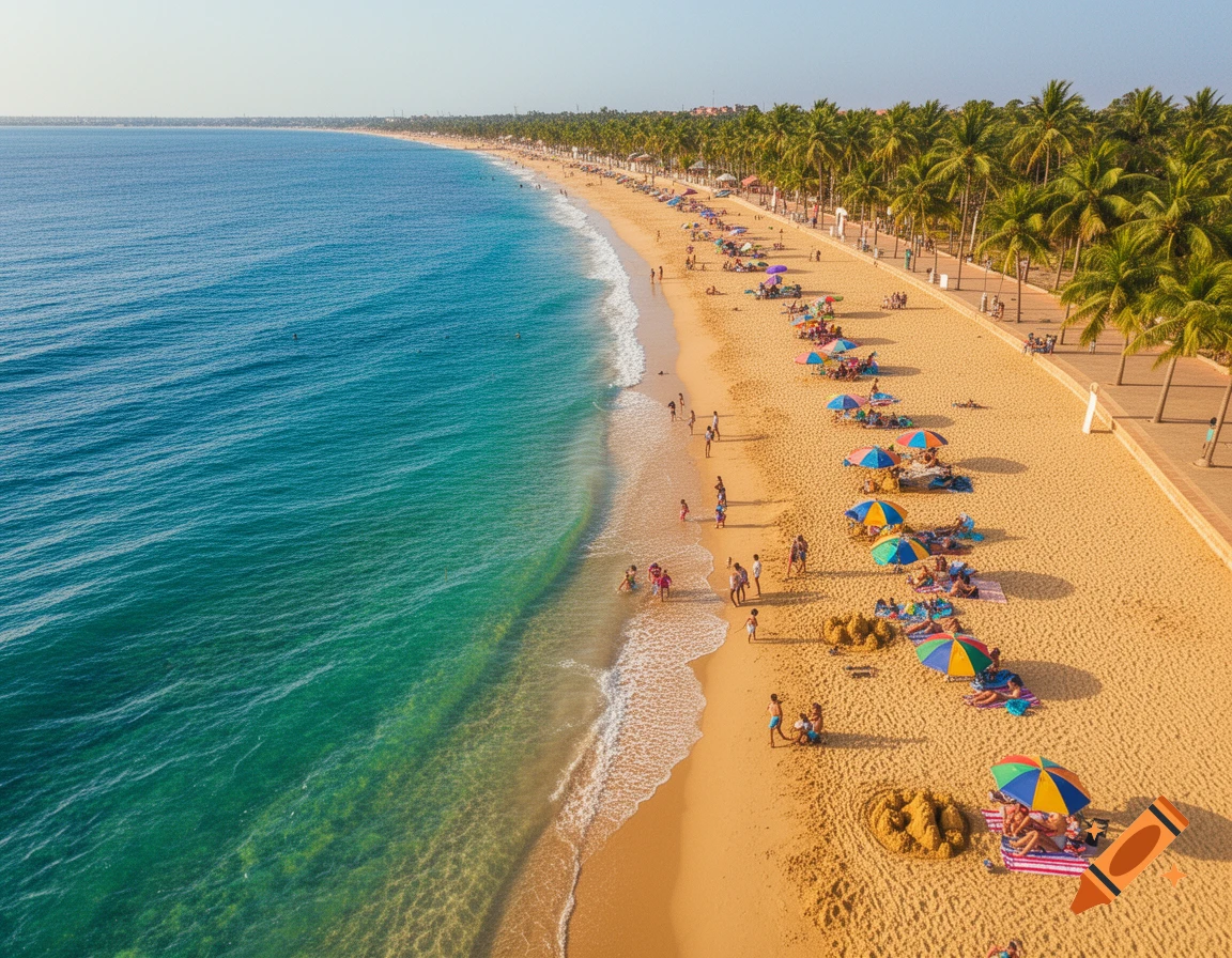 Aerial view of a vibrant beach with golden sand, turquoise ocean, colorful umbrellas, and numerous people under palm trees.