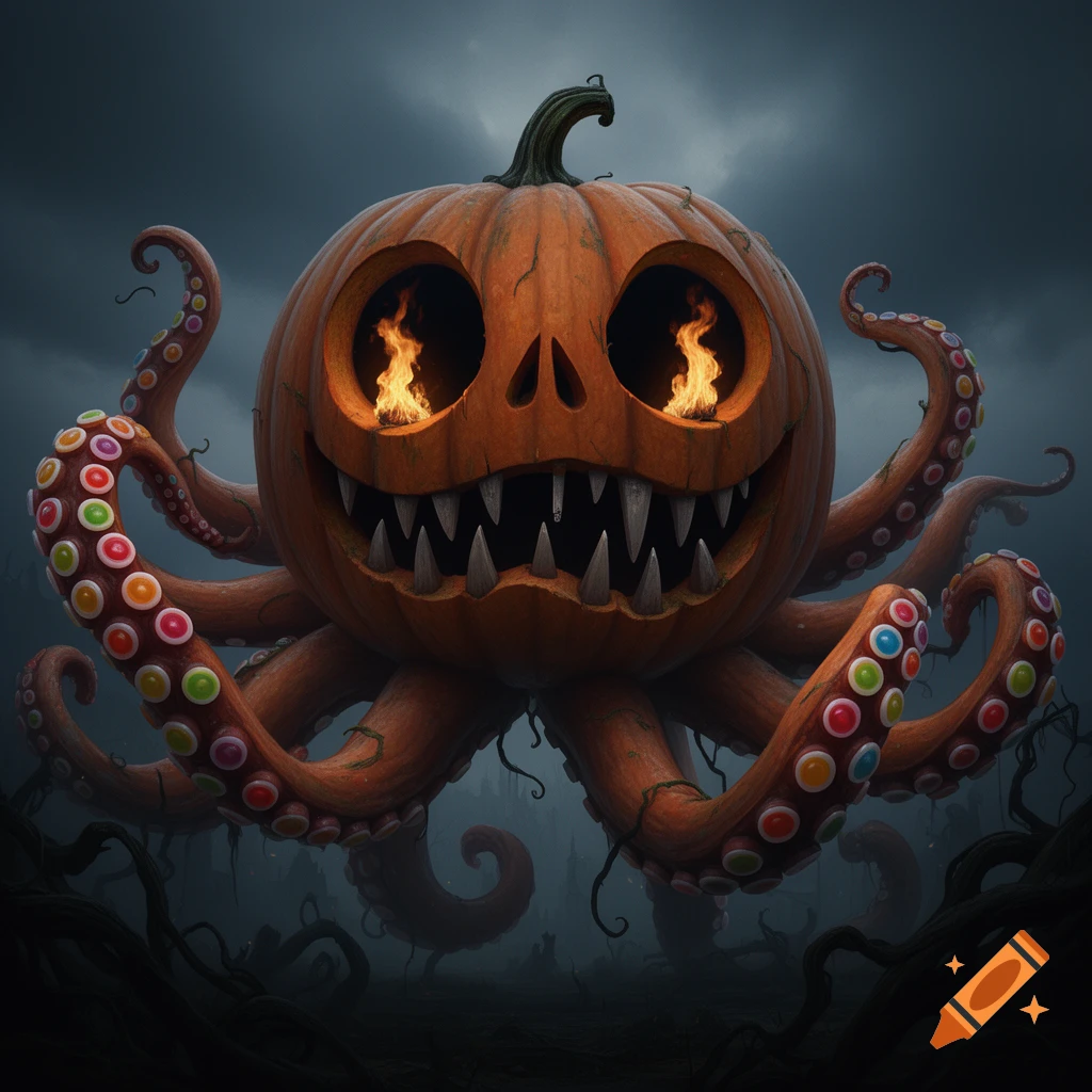 A monstrous jack-o-lantern with glowing fiery eyes, jagged teeth, and eight pumpkin tentacles adorned with colorful circular suckers, set against a dark, stormy sky.