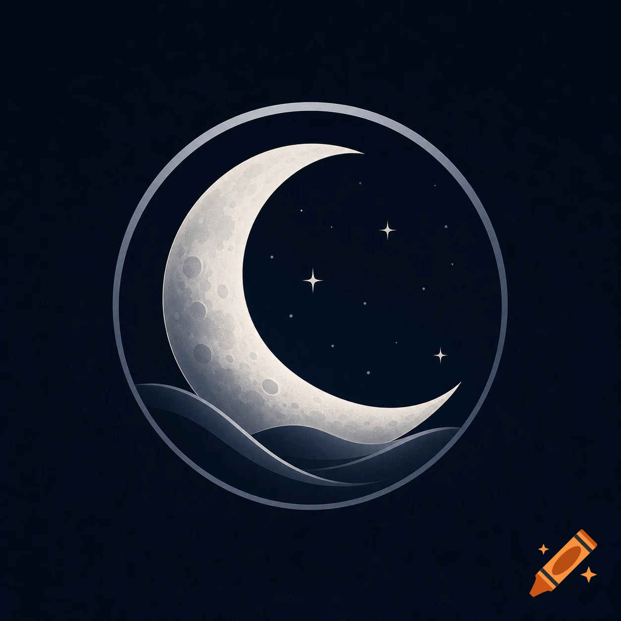 A minimalist logo with a crescent moon and stars over abstract waves, all enclosed in a circle on a dark blue background.