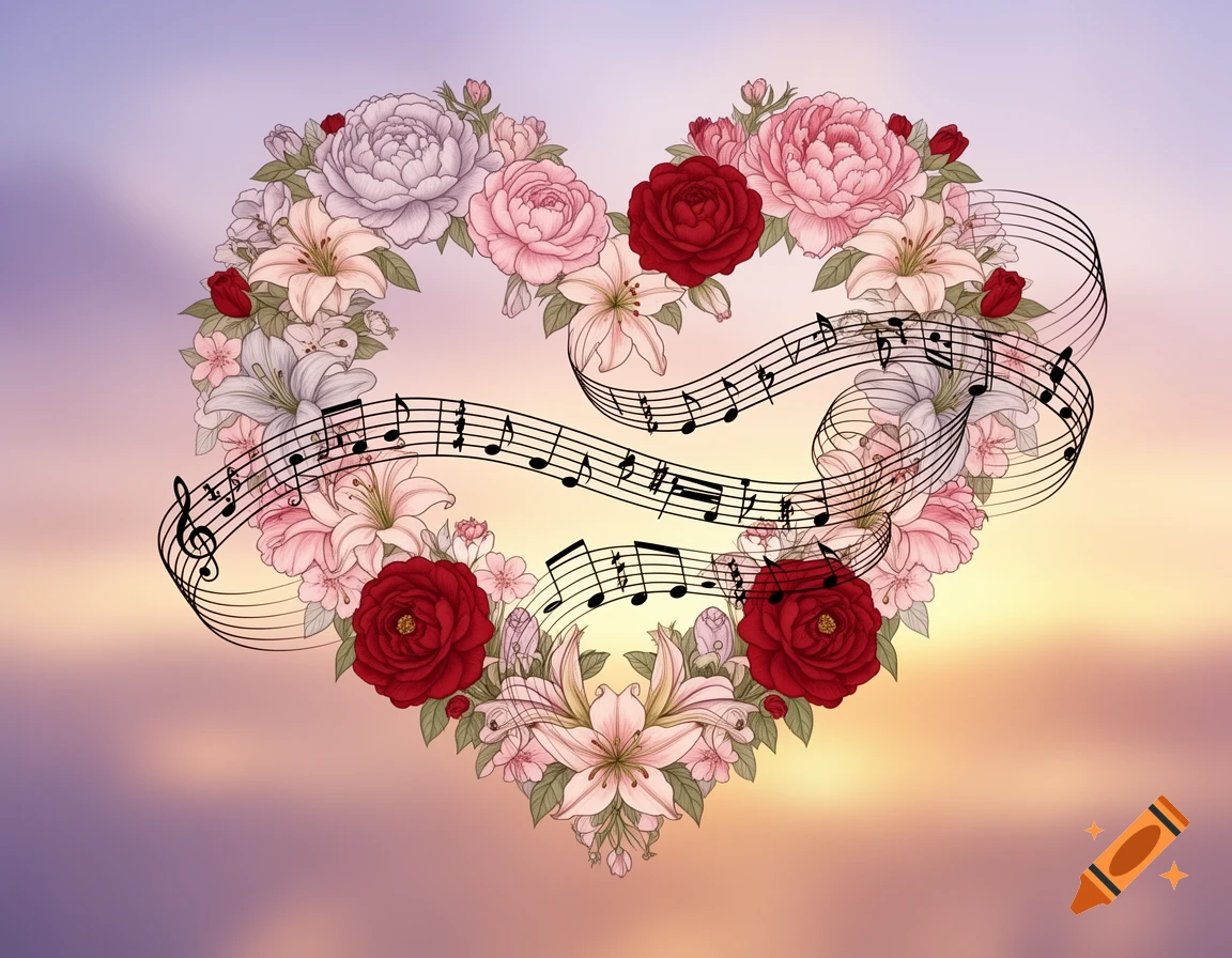 A heart-shaped floral arrangement of pink, red, and white flowers with musical notes and staff, against a soft pastel background.