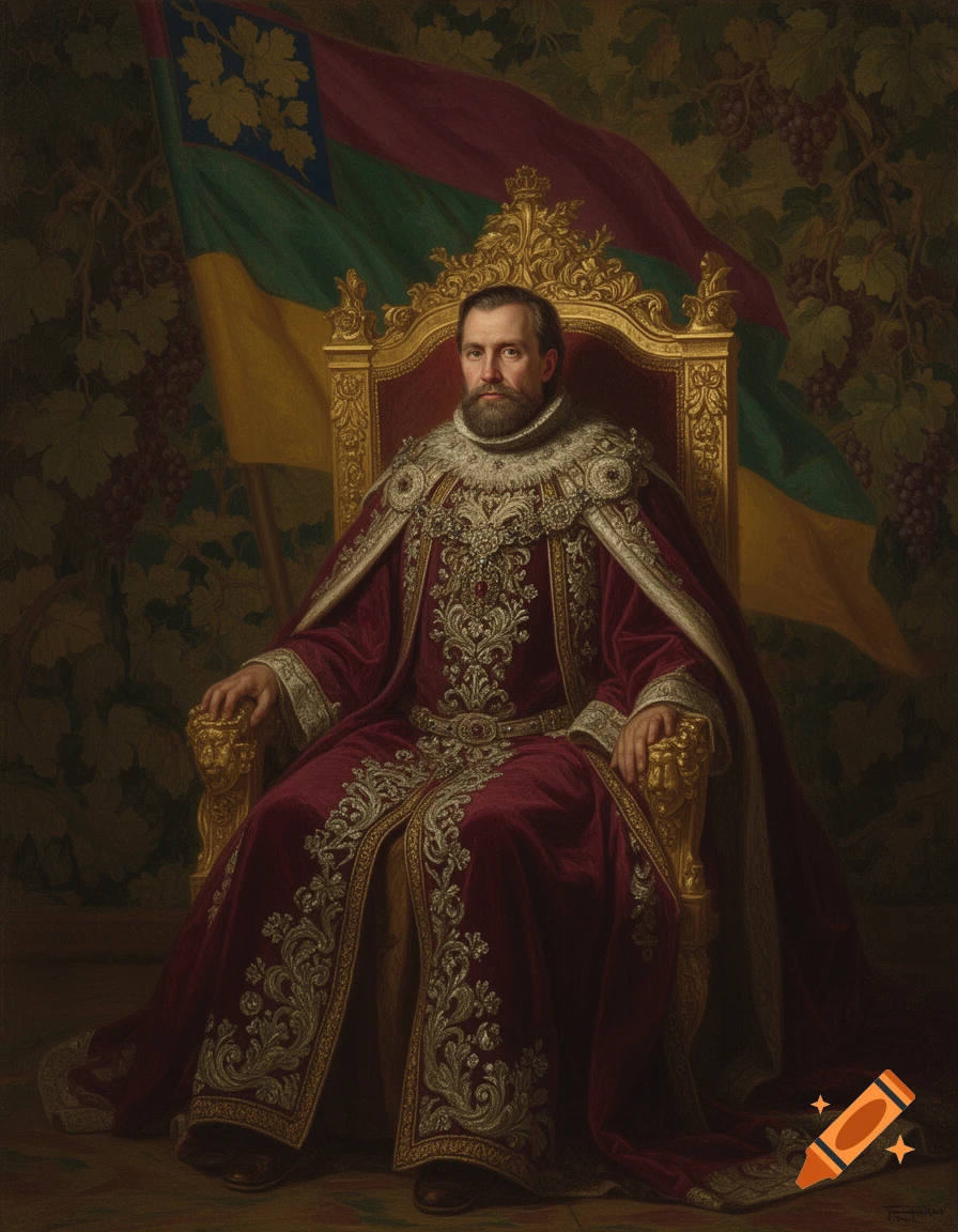 A bearded emperor in an opulent red and gold robe sits on a golden throne, with a multi-colored flag and grapevines in the background, in a 17th-century portrait style.