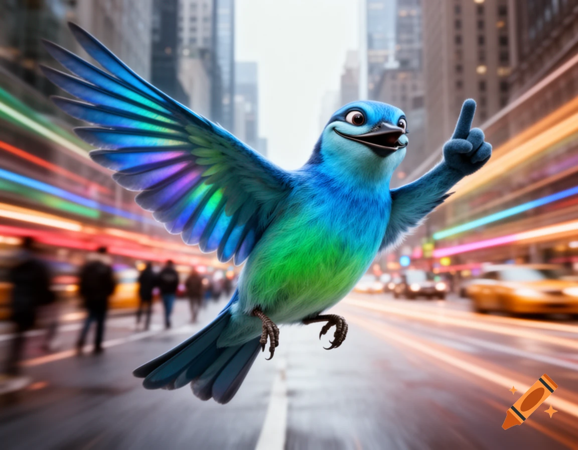A blue and green cartoon bird with a cheeky grin flies through a blurred city street, its wings spread and one finger raised.