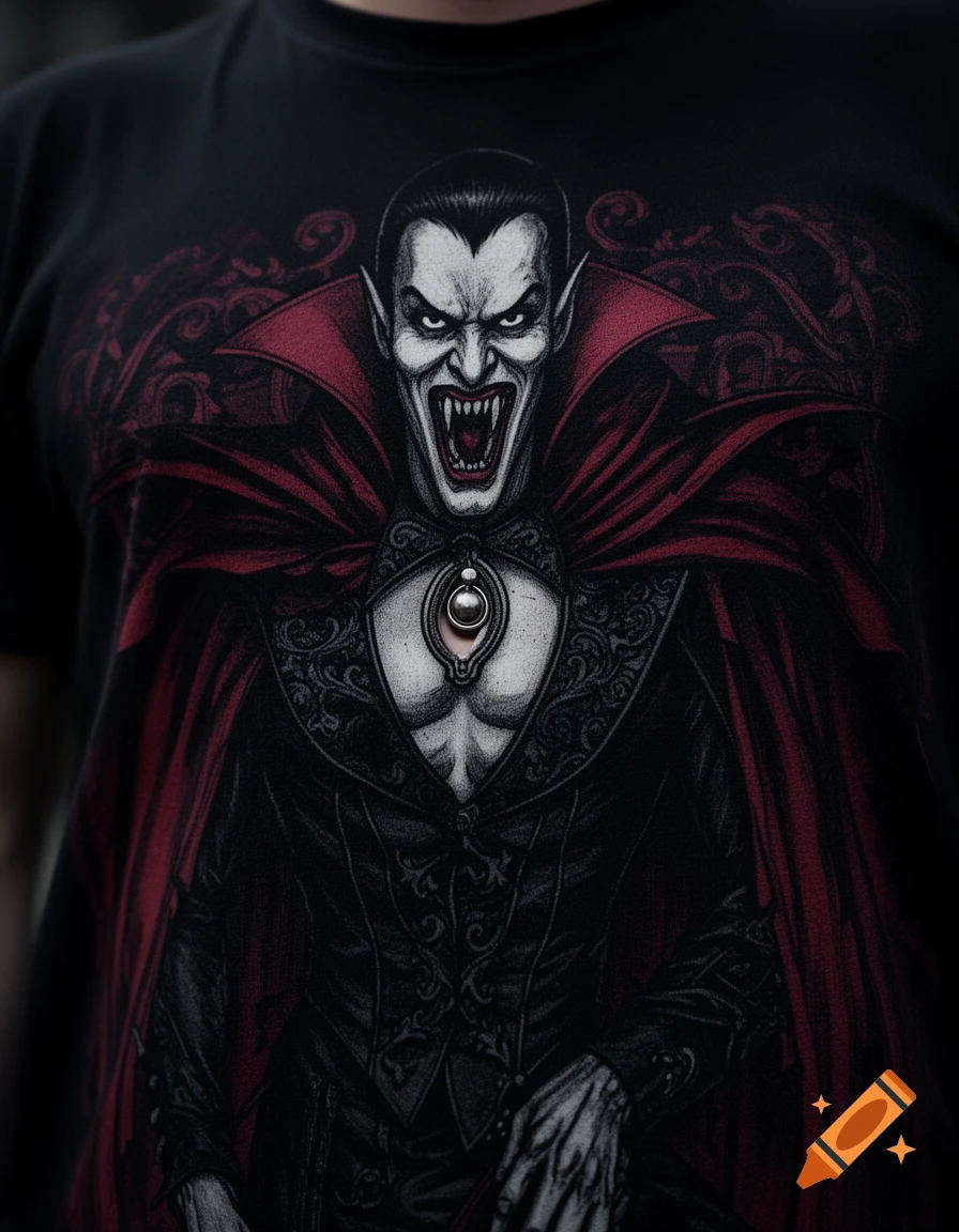 Detailed gothic vampire illustration with fangs and a red cape printed on a black t-shirt.