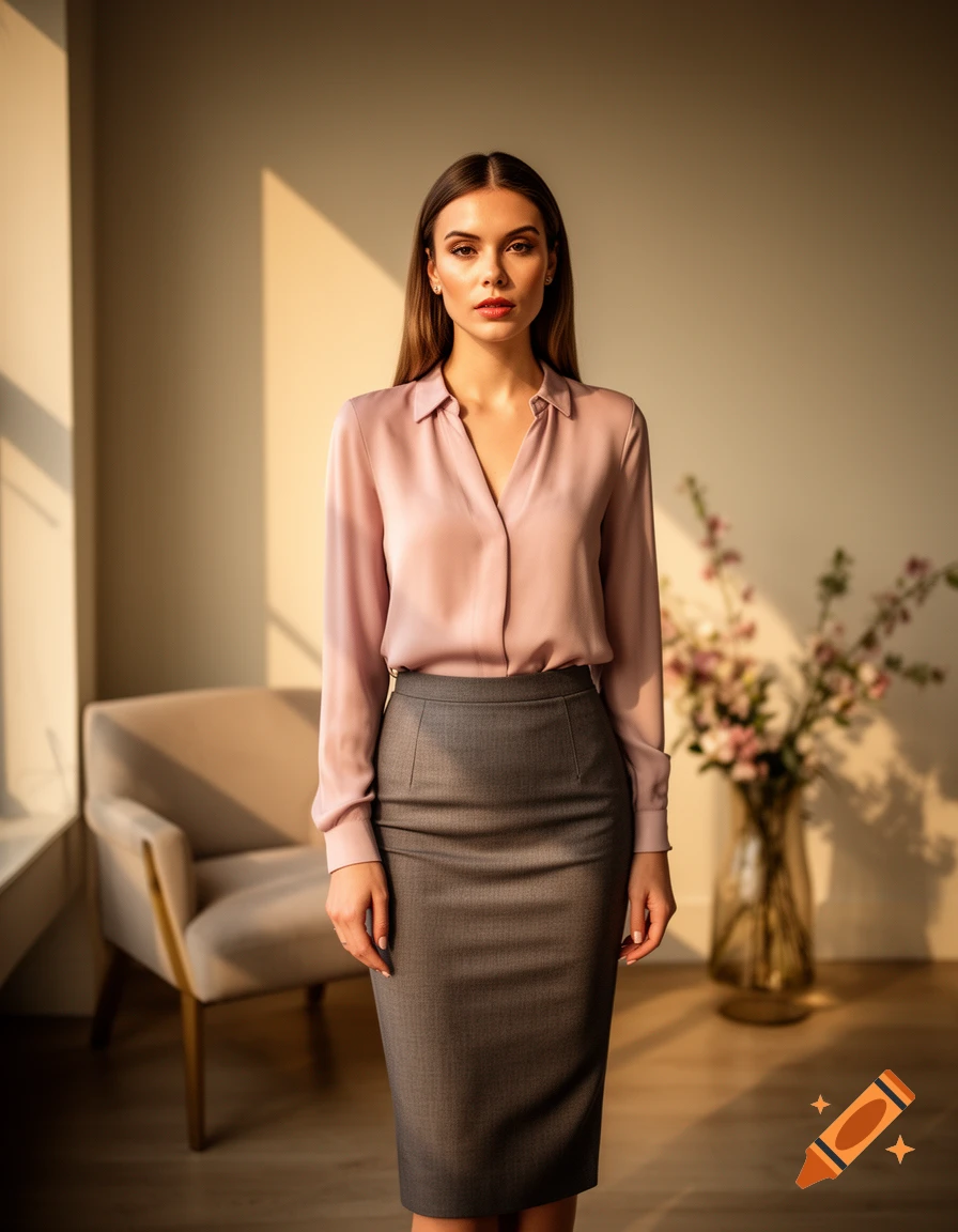 A woman in a pink blouse and gray pencil skirt stands in a sunlit room.