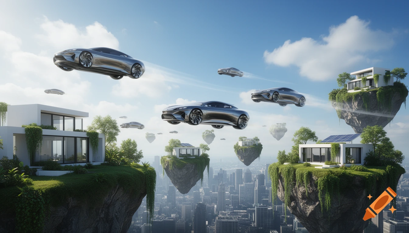 Sleek silver flying cars hover above a cityscape, surrounded by modern houses on lush, green floating islands in a photorealistic style.