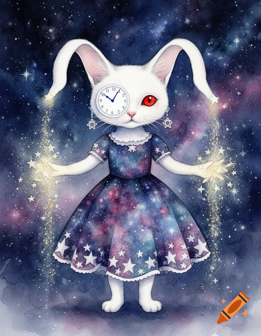 Watercolor painting of a white rabbit-like creature with a clock face eye, red eye, and long floppy ears, wearing a galaxy dress and generating stars from its hands, against a starry deep space background.