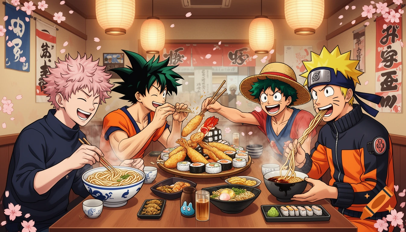 Four anime characters, including Naruto and Izuku Midoriya-like figures, happily eat ramen, tempura, and sushi at a Japanese restaurant decorated with cherry blossoms and lanterns.