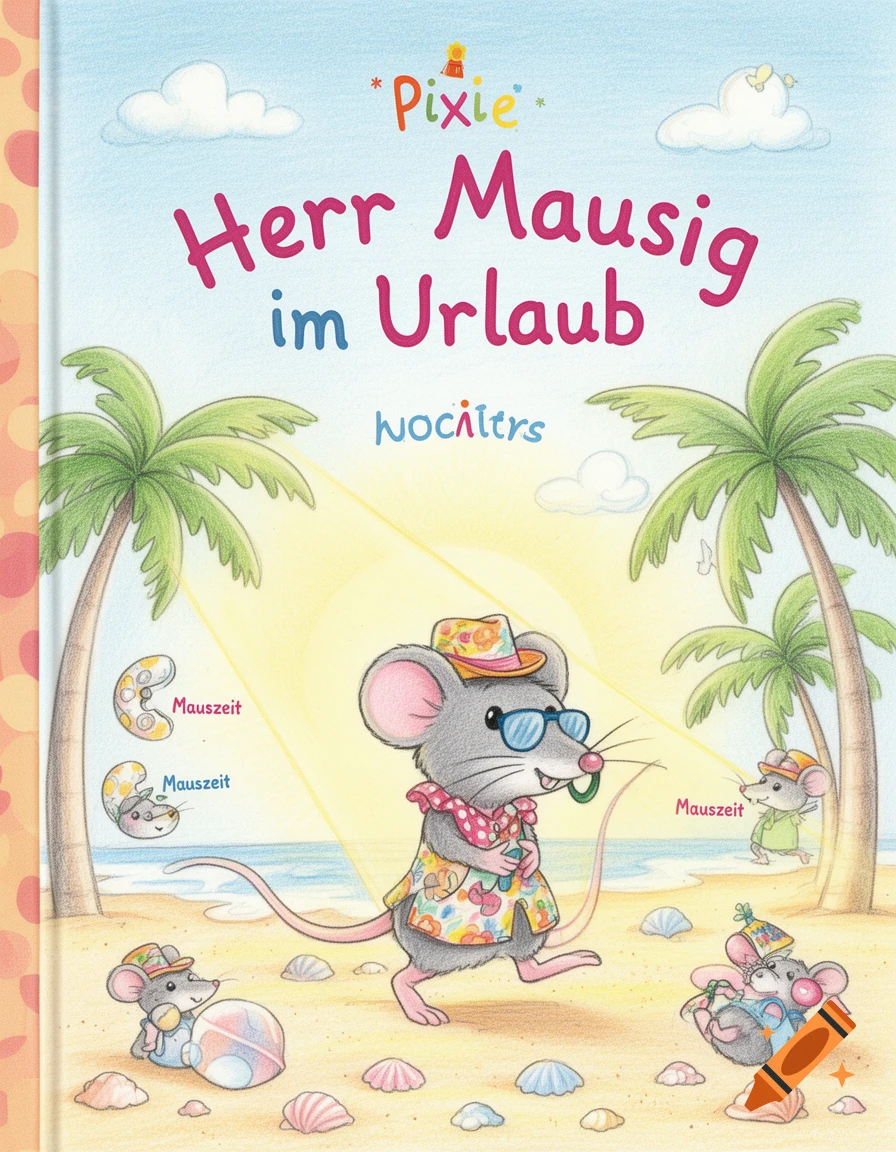 A hand-drawn cartoon book cover titled "Herr Mausig im Urlaub" (Mr. Mousey on Vacation) features a large mouse in a Hawaiian shirt and sunglasses, walking on a beach with smaller mice and palm trees. Various seashells are scattered on the sand.