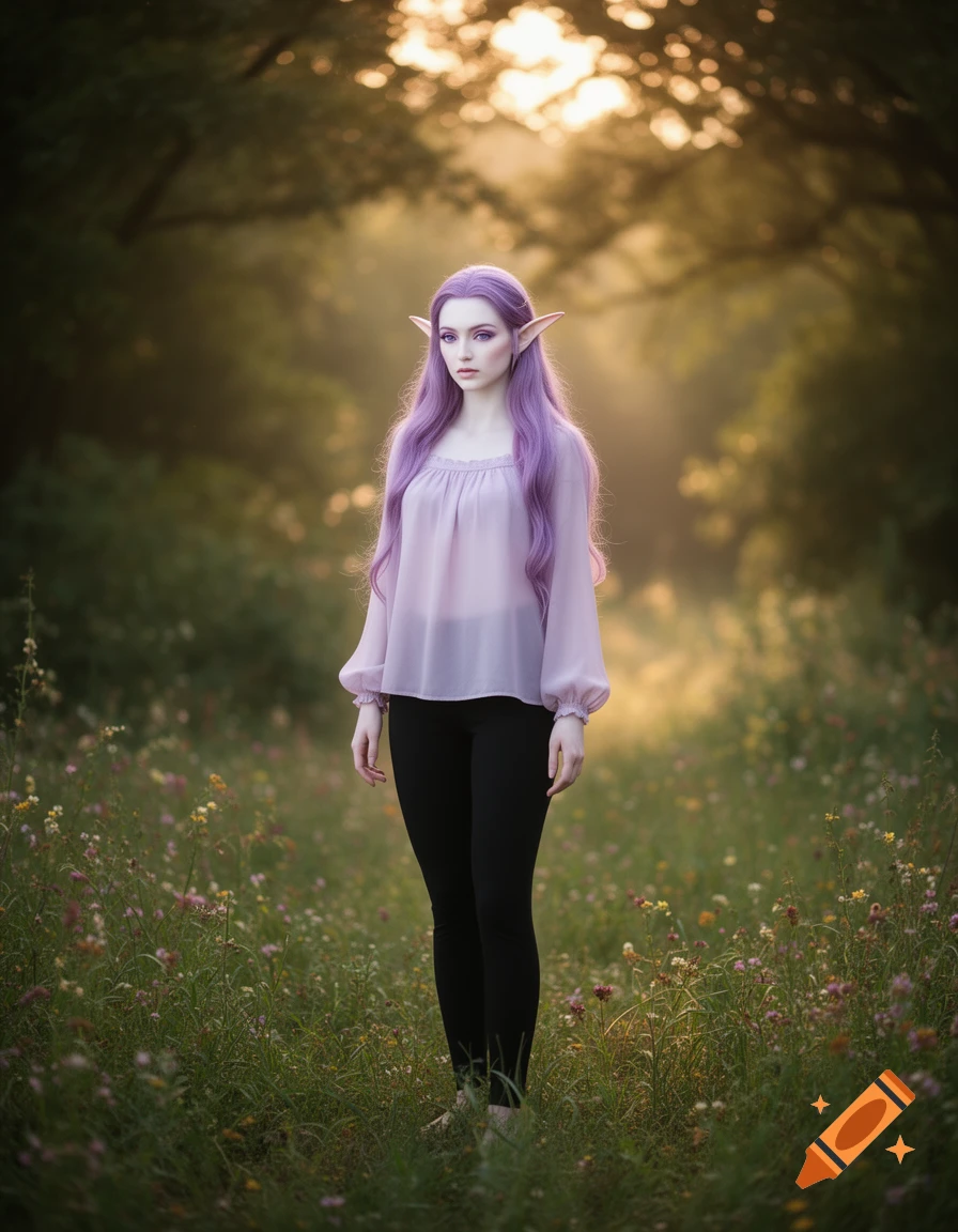 A photorealistic elf woman with long purple hair, pointed ears, and a lilac blouse, stands in a sunlit field of wildflowers.