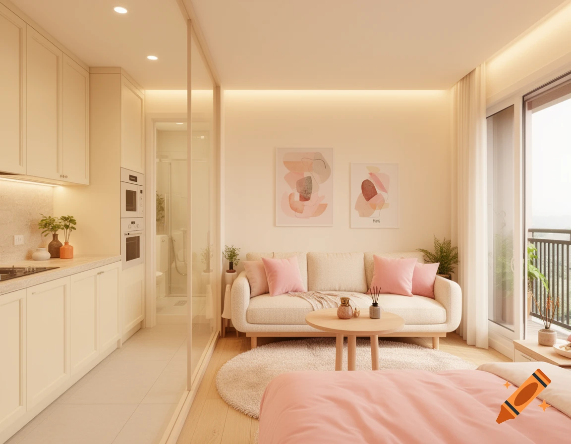 Photorealistic rendering of a cozy, cream and pink apartment interior with an open kitchen, living area, and balcony.