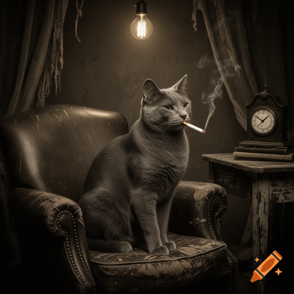 A sepia-toned image of a sophisticated gray cat sitting in a distressed leather armchair, smoking a cigarette, with a clock and bare lightbulb.