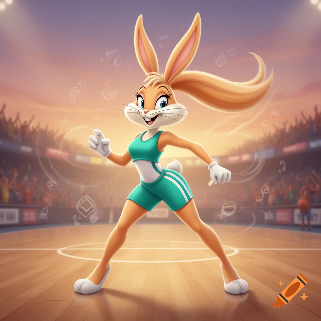 A cartoon anthropomorphic rabbit, Lola Bunny, in a teal sports outfit, stands poised on a basketball court with a cheering crowd in the background.