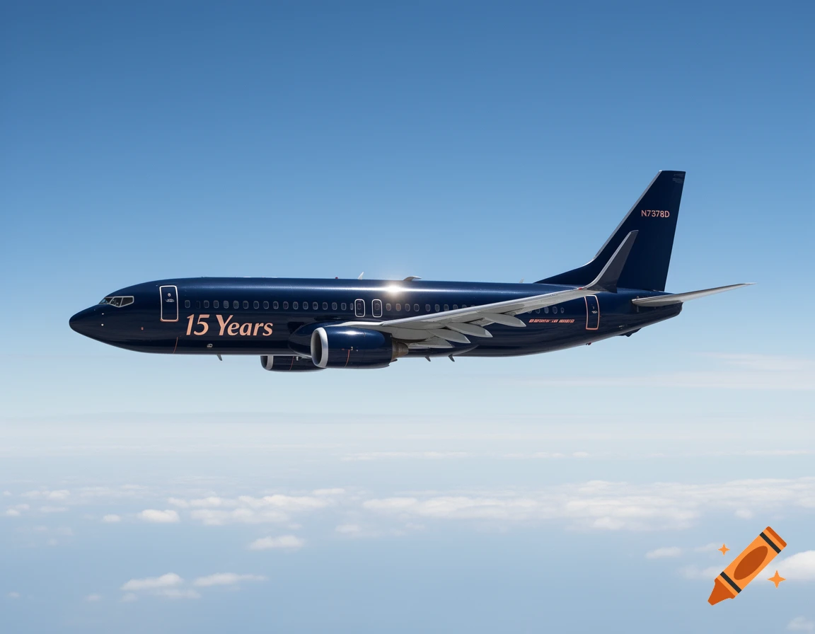 A navy blue Boeing 737 airplane flies through a clear blue sky, with white clouds below. It has '15 Years' and 'N7378D' text.