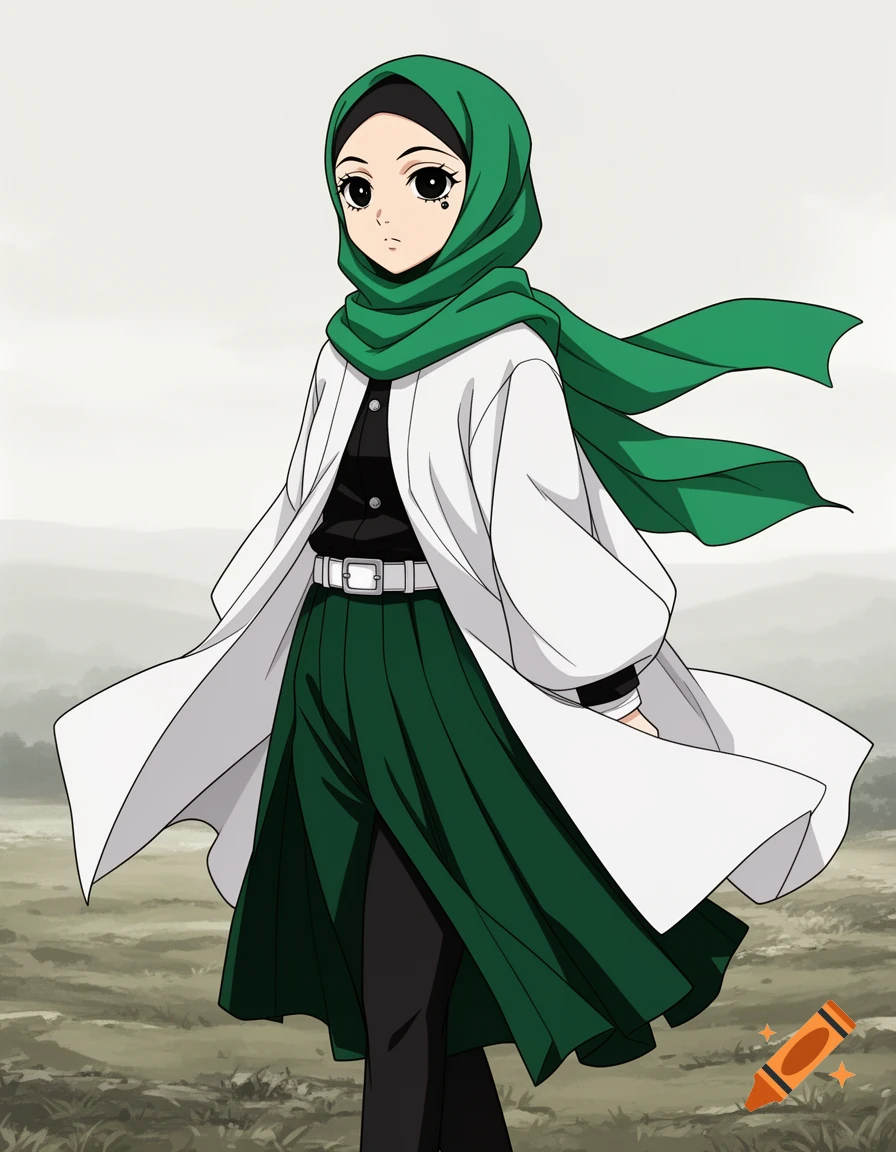 Anime girl with a green hijab, white cloak, dark green skirt, and black pants, standing in a field.