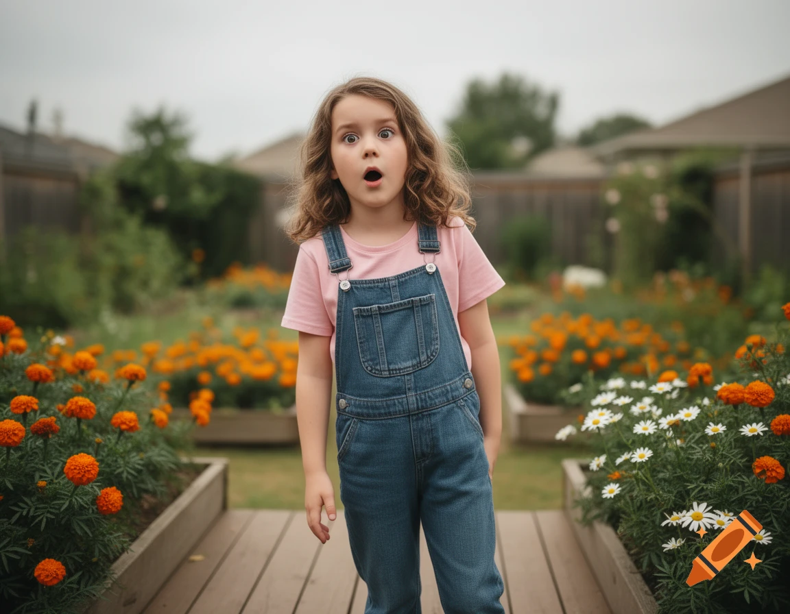 Photorealistic image of a young girl with a surprised expression, wearing overalls, standing in a garden with colorful flowers.